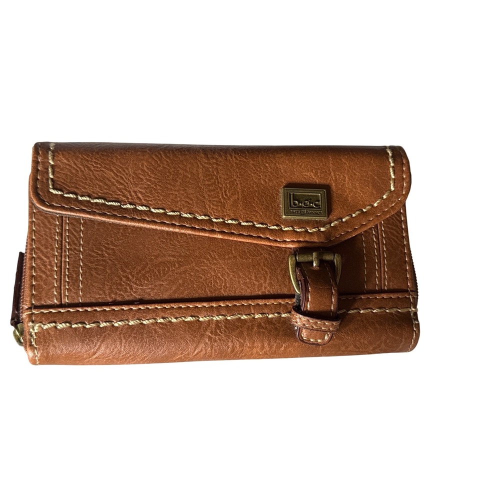 B.O.C. Born Concept Brown Faux Leather Trifold Wallet Buckle Detail Organizer 7"